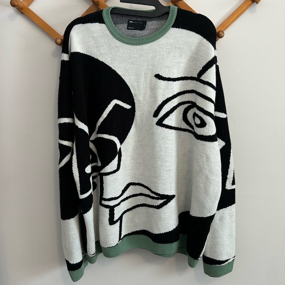 Asos Design Knitted Oversized Sweater With Handrawn Pattern